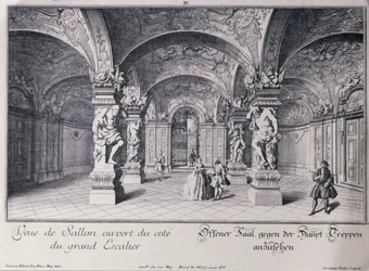 La salle (Sala Terrena) du Belvédère supérieur à Vienne commencée en 1721 par Johann Lukas von Hildebrandt, gravée par Thelot